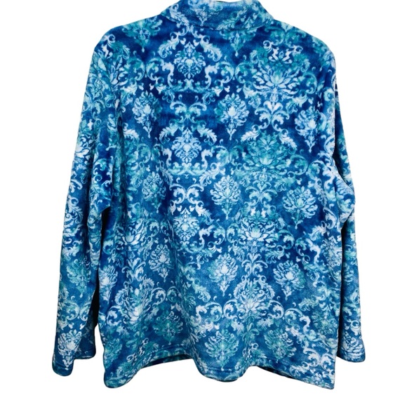 Chicos Fleece Sweater Pullover Womens LG Blue Floral Long Sleeve Side Pockets - Picture 2 of 7